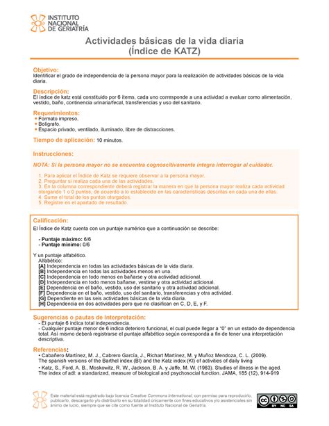 Katz Pauta De Evaluaci N Actividades Bsicas De La Vida Diaria