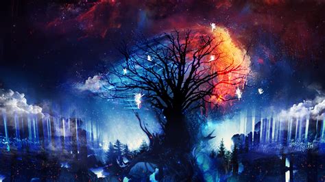 Wallpaper Trees Digital Art Fantasy Art Artwork Stars Fireworks