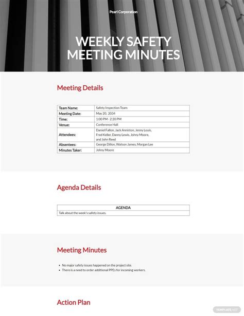 Weekly Safety Meeting Minutes Template In Google Docs Word Pages