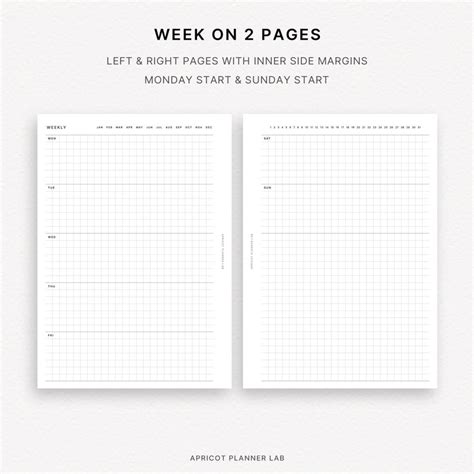 Simple Weekly Diary A5 Grid Printable Planner Insert WO2P Horizontal Week on 2 Pages Undated PDF ...