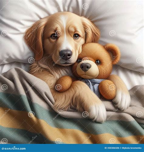 Dog with Teddy Bear Under Blanket. Stock Photo - Image of comforting