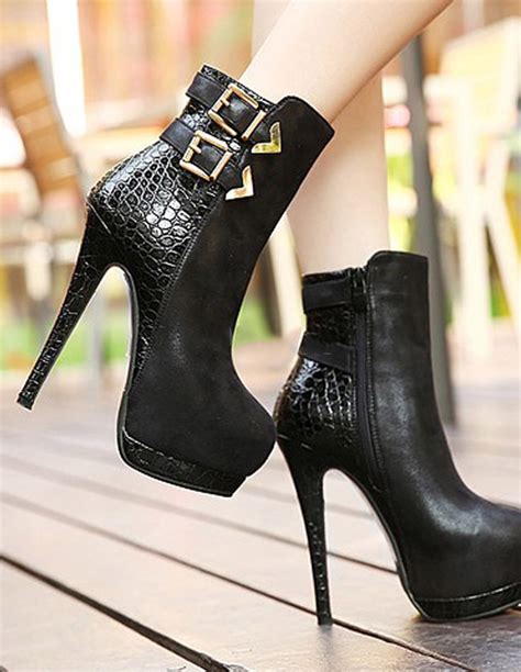 Black Round Toe Stiletto Heel Zipper Pu Leather Womans Heeled Ankle