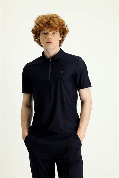 Koyu Lacivert Techno Line Polo Yaka Slim Fit Fermuarl Ti Rt