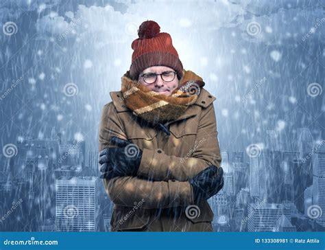 Boy Freezing In Cold Weather With City Concept Stock Image Image Of