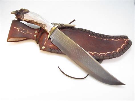 Stag Handle Knife 11 Bowie Antler Horn Fixed Blade Hunting Leather Sheath Handcrafted Handmade