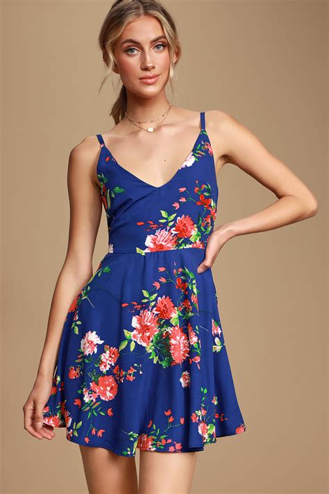 Pretty Blue Floral Print Dress Skater Dress Blue Short Dress Lulus