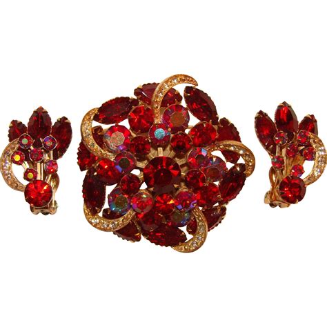 Fabulous Red Rhinestone Vintage Brooch Set From Jewelpigs On Ruby Lane