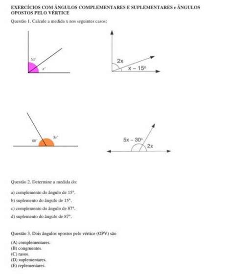 ângulos complementares e ângulos suplementares Matemática