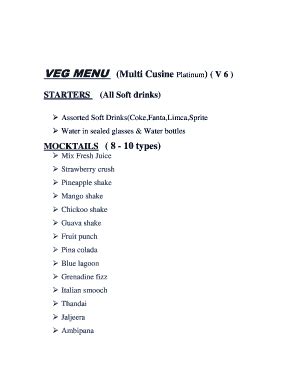 Fillable Online Veg Menu Multi Cusine Platinum V Fax Email