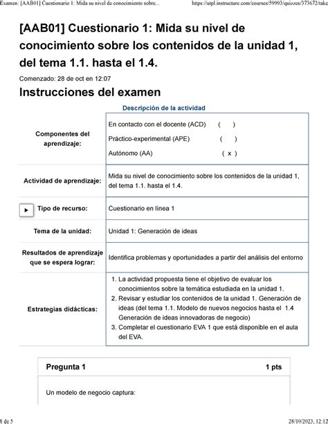 Examen [aab01] Cuestionario 1 Mida Su Nivel De Conocimiento Sobre Los Contenidos De La Unidad 1