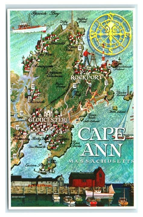 Postcard Map Of Cape Ann Ma Mass M5 United States Massachusetts