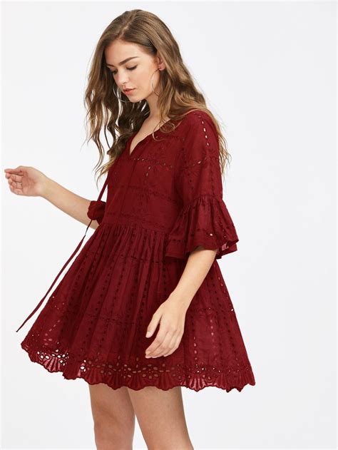 Tie Neck Fluted Sleeve Eyelet Embroidered Smock Dress Shein