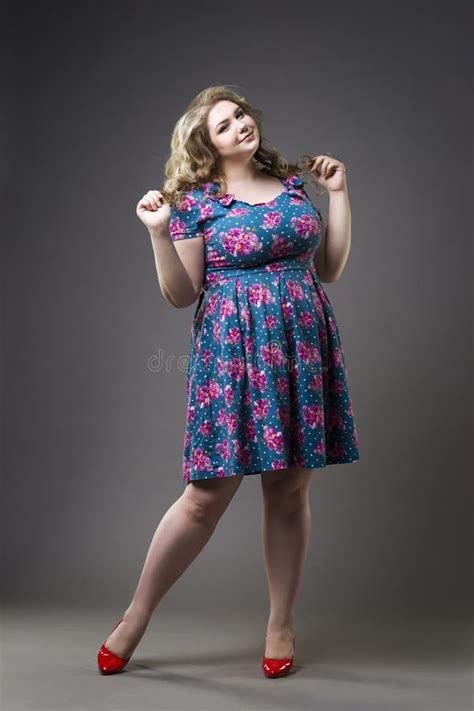 Young Beautiful Blonde Plus Size Model In Dress And Shoes Xxl Woman On