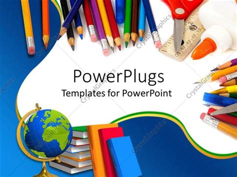 PowerPoint Template: School supplies with pencils, globe, books, glue ...