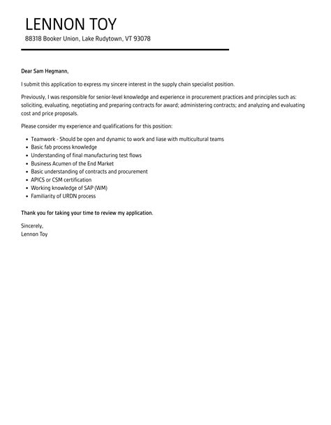 Supply Chain Specialist Cover Letter Velvet Jobs