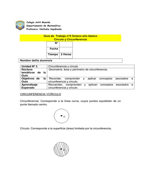 Gu A De Trabajo N Octavo A O B Sico C Rculo Y Circunferencia N