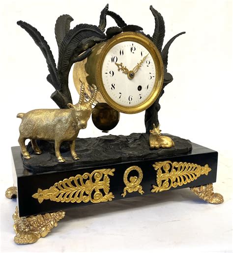 Antique Regency Gilt Bronze Figural Mantel Clock Goats And Palm Trees