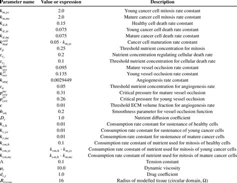 Parameter Values Used In The Simulations Download Scientific Diagram