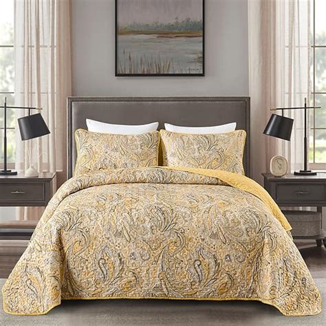 DJY Yellow Paisley Quilt Set Full Size 3 Pieces Boho Paisley Quilt