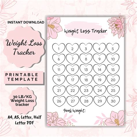 Weight Loss Tracker Printable 30 Lbkg Weight Loss Chart Etsy Uk