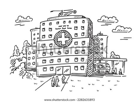 Handdrawn Vector Drawing Hospital Building Blackandwhite Stock Vector