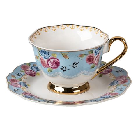 6CE1278 Tasse Et Soucoupe 160 Ml Bleu Blanc Porcelaine Fleurs Rond