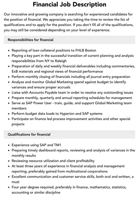 Financial Job Description Velvet Jobs