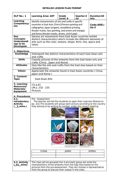 Arts 4 Dlp Mapeh 8 Detailed Lesson Plan Format Dlp No 1 Learning Area Art Grade Level 8