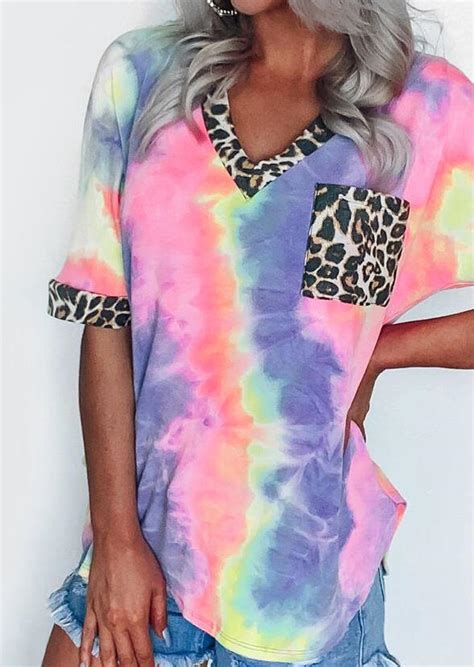 Tie Dye Leopard Splicing Pocket T Shirt Tee Fairyseason