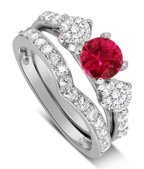 Luxurious 2 Carat Ruby And Diamond Wedding Ring Set In 10k White Gold