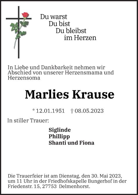 Traueranzeigen Von Marlies Krause Noz Trauerportal