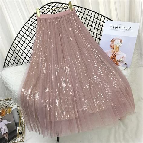 Spring Summer Skirts Women Korea Long Tulle Skirt Sequined Pleated A