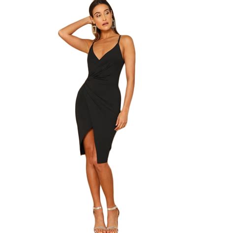 Shein Sexy Black Overlap Split Front Backless Bodycon Summer Midi Cami