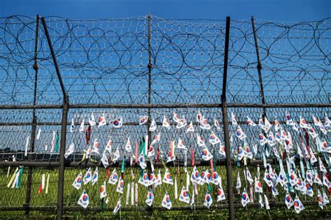 South Korean Flags at a Fence at the Demilitarised Zone DMZ at the ...