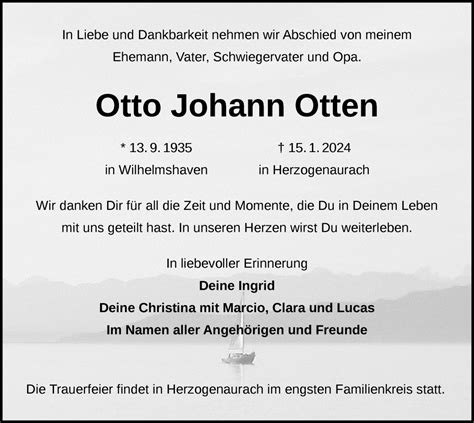 Traueranzeigen Von Otto Johann Otten Nordwest Trauer De