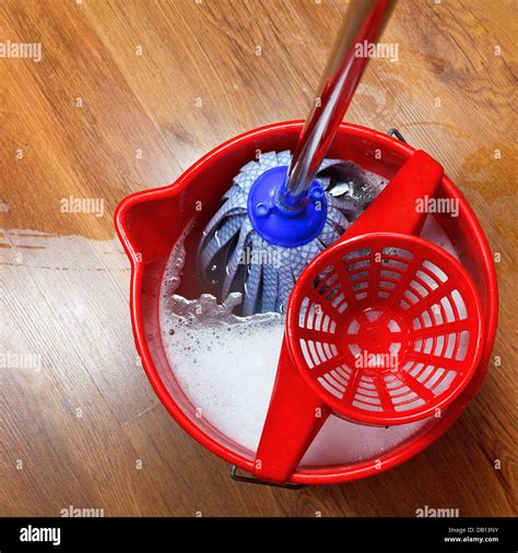 Top View Of Mop In Bucket With Water For Cleaning Stock Photo Alamy