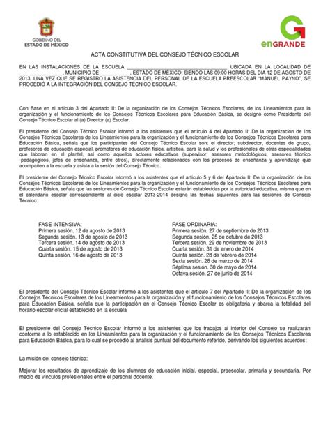 Acta Constitutiva Del Consejo Técnico Escolar Jardín De Infancia Educación Primaria