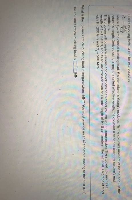 Solved Euler's buckling formula can be expressed as Par (KL) | Chegg.com