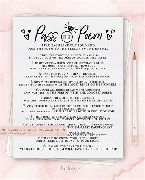 Pass The Poem Bridal Shower Printable Game Bachelorette Hens Party