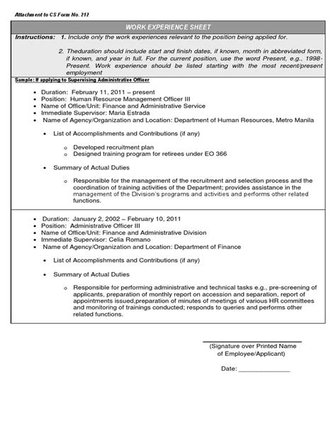 Cs Form No 212 Attachment Work Experience Sheet In Csc 180101 Docx Human Resource