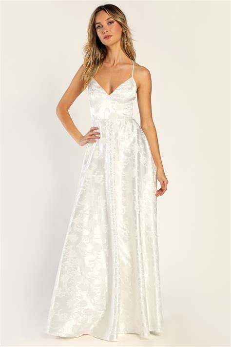 White Satin Maxi Dress Jacquard Maxi Dress A Line Satin Dress Lulus