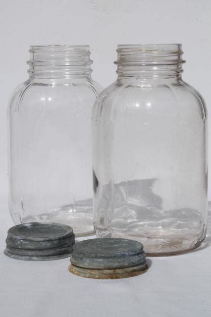 Antique Vintage Glass Jar Lot W Old Zinc Lids Large Food Bottles Canning Jars