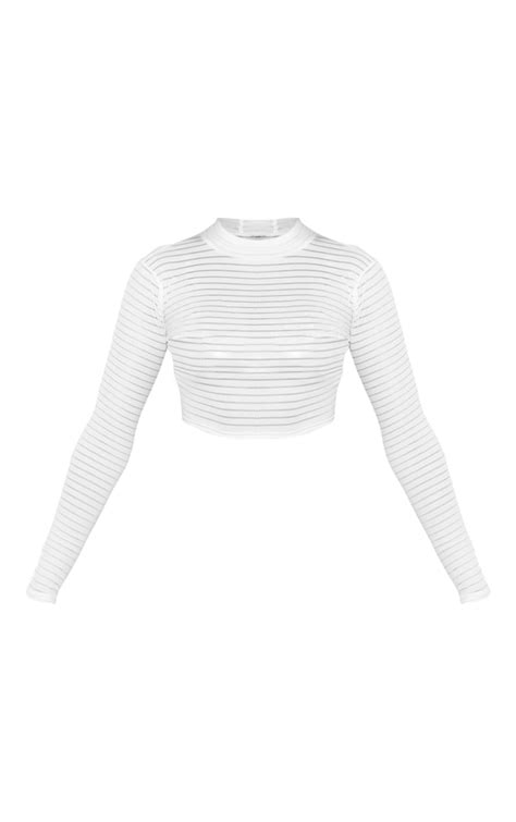 White Sheer Stripe High Neck Crop Top Prettylittlething Qa