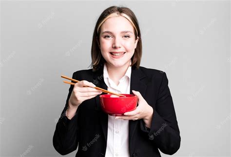 Premium Photo Young Pretty Businesswoman Eating Ramen Noodles Bowl