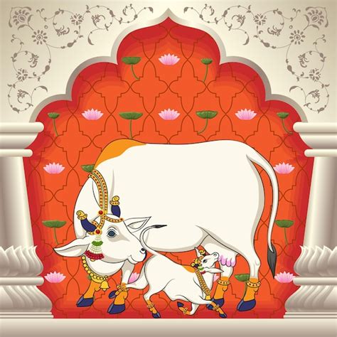 Premium Vector | Indian Traditional Cow and calf Painting with lotus designs