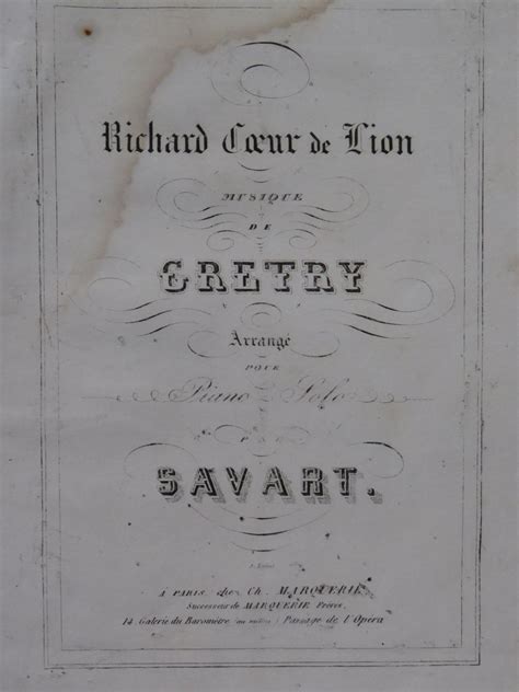 GRETRY André Richard Coeur de Lion Opéra Piano solo ca1850 by GRETRY