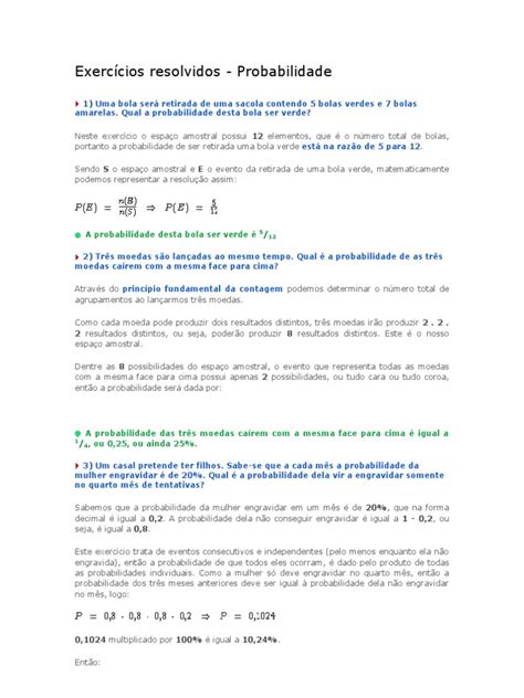 Probabilidade Exercícios Resolvidos Pdf - Exercícios Resolvidos de Probabilidade | PDF | Probabilidade | Gravidez