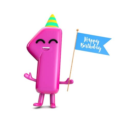 Feliz 1er cumpleaños lindo personaje de fiesta con sombrero y bandera