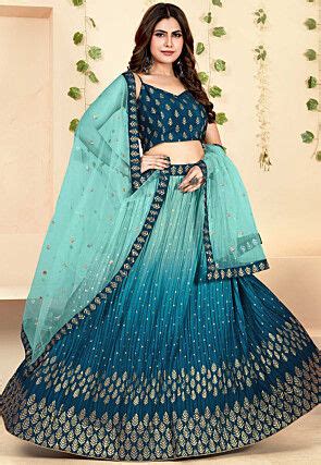 Foil Printed Georgette Lehenga In Navy Blue Lcc