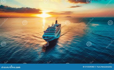 A Cruise Ship Sails In The Ocean During Sunset With The Golden Glow Of